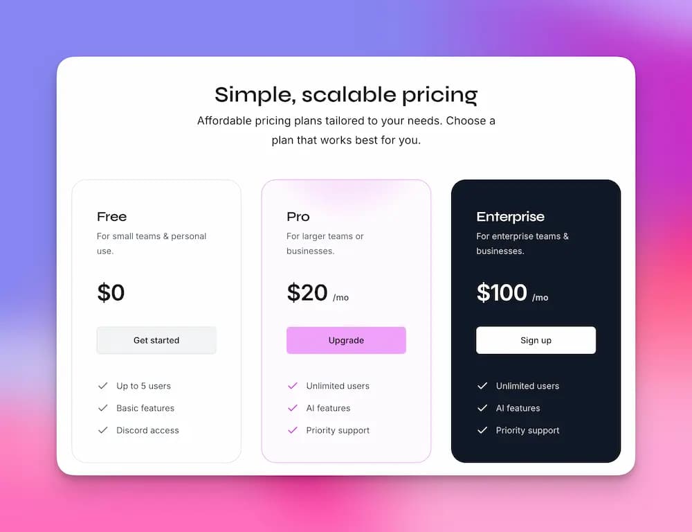 Landing Page Pricing Plan