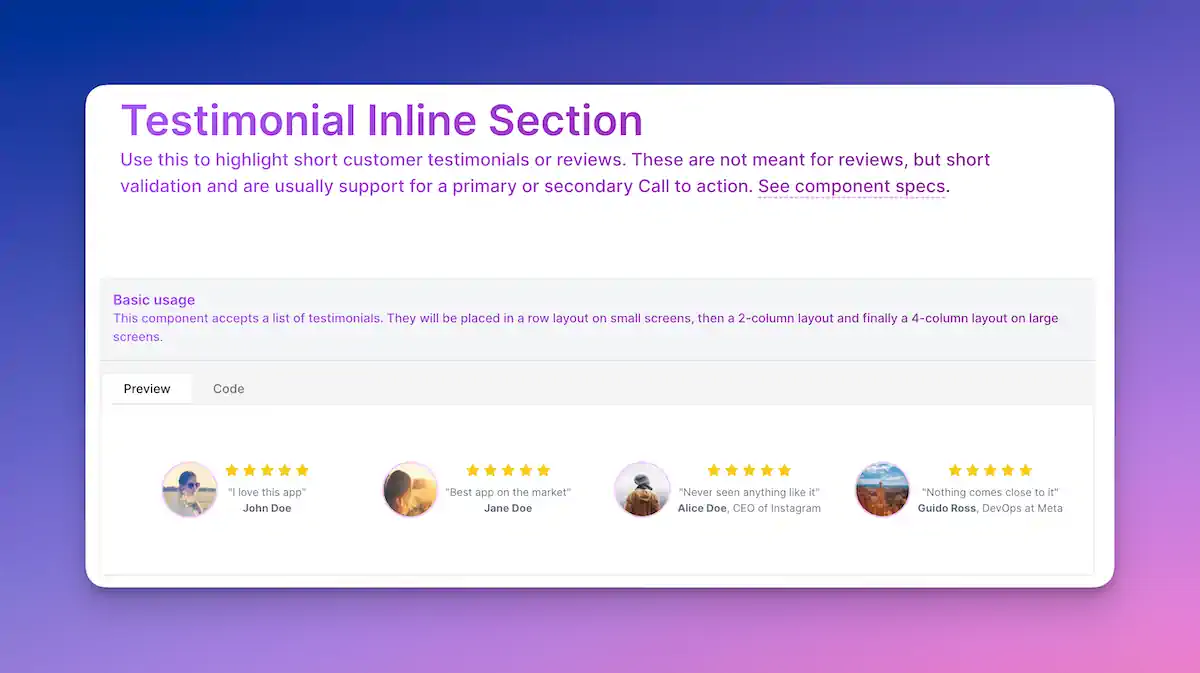 Landing Page Testimonial Inline Component